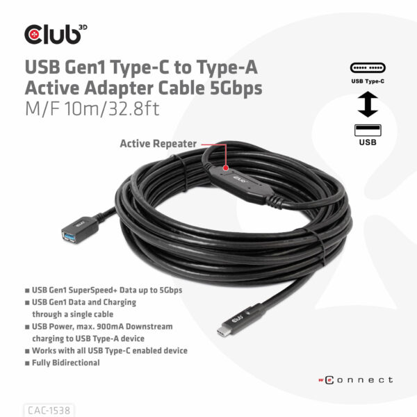 CLUB3D USB Gen1 Type-C to Type-A Active Adapter Cable 5Gbps M/F 10m/32.8ft - Afbeelding 3