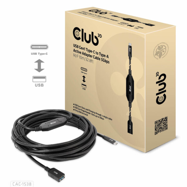 CLUB3D USB Gen1 Type-C to Type-A Active Adapter Cable 5Gbps M/F 10m/32.8ft - Afbeelding 2