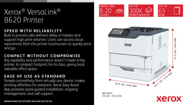 Xerox VersaLink B620 A4 61 ppm dubbelzijdige printer PS3 PCL5e/6 2 laden 650 vel - Afbeelding 11