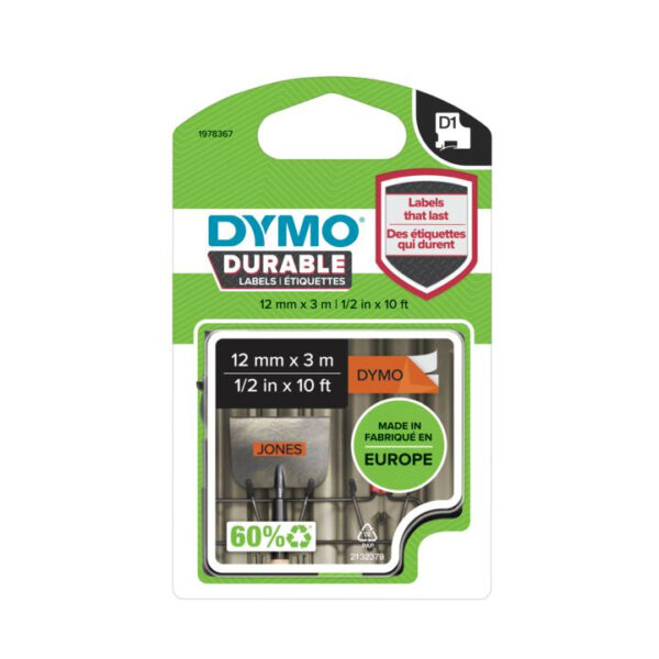 DYMO D1 -Durable Labels - Black on Orange - 12mm x 3m - Afbeelding 2
