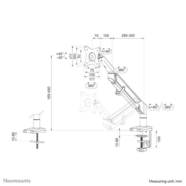 Neomounts DS70-810BL1 Monitorarm 17-32" - gasveer - ruimtebesparend - 180°-stop - Afbeelding 20