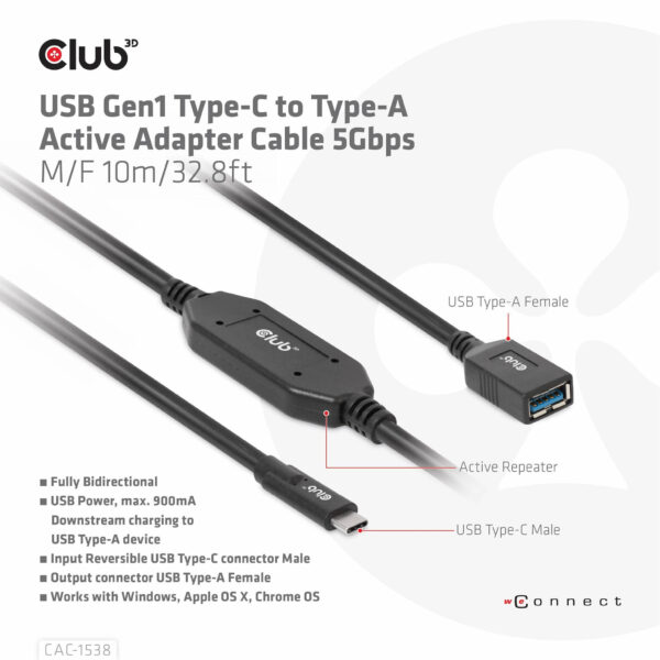CLUB3D USB Gen1 Type-C to Type-A Active Adapter Cable 5Gbps M/F 10m/32.8ft - Afbeelding 8