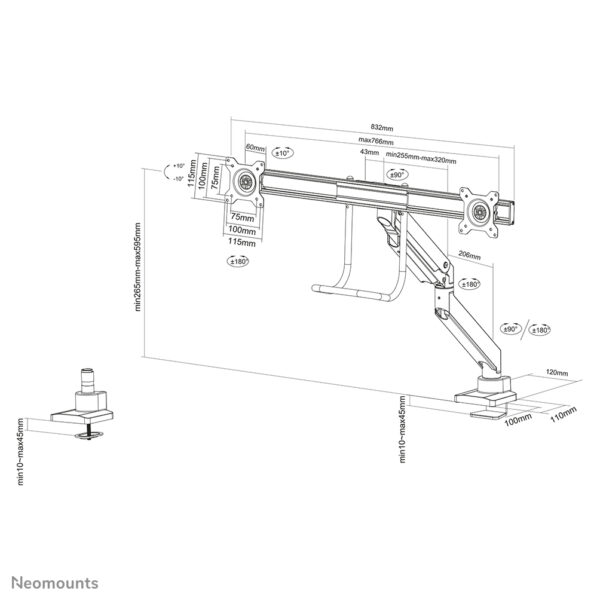 Neomounts NM-D775DXSILVER Monitorarm 10-32" - gasveer - Topfix - 180°-stop - Afbeelding 12