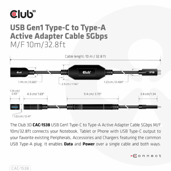 CLUB3D USB Gen1 Type-C to Type-A Active Adapter Cable 5Gbps M/F 10m/32.8ft - Afbeelding 4