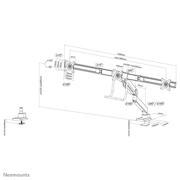 Neomounts NM-D775DX3BLACK Monitorarm 17-27" - gasveer - Topfix - 180°-stop - Afbeelding 20