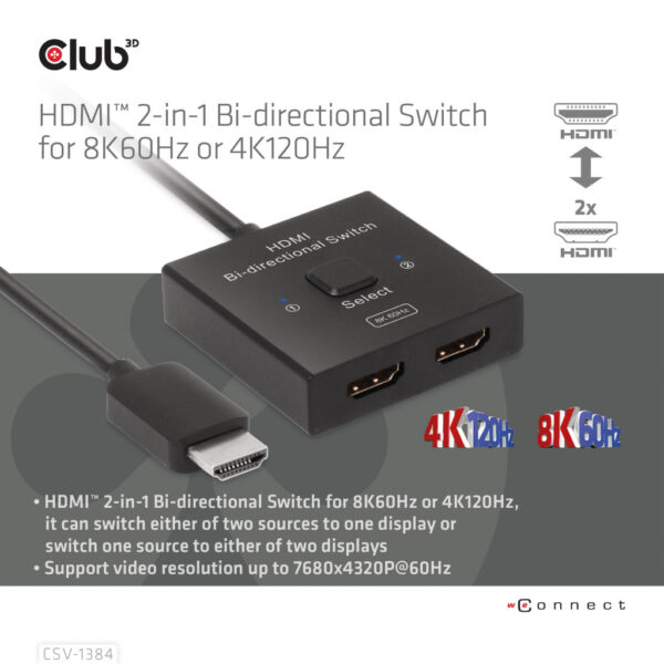 CLUB3D HDMI 2-in-1 Bi-directional Switch for 8K60Hz or 4K120Hz - Afbeelding 6