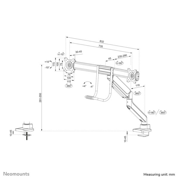 Neomounts DS75-450BL2 Monitorarm 17-32" - gasveer - Topfix - 180°-stop - Afbeelding 18