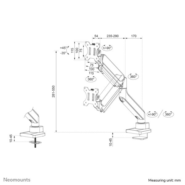 Neomounts DS70-450WH1 Monitorarm 17-42" - gasveer - Topfix - 180°-stop - Afbeelding 20
