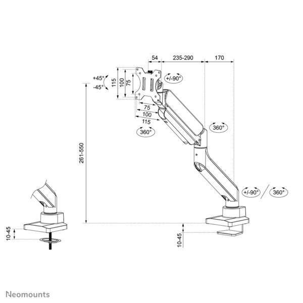 Neomounts DS70PLUS-450WH1 Monitorarm 17-49" - gasveer - Topfix - 180°-stop - Afbeelding 18