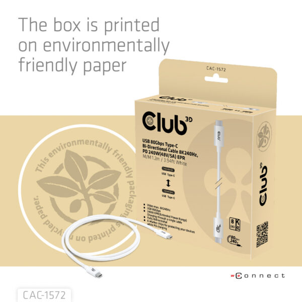CLUB3D USB 80Gbps Certified 240W 8K240Hz Type-C® 1.2m / 3.94ft White Cable - Afbeelding 7