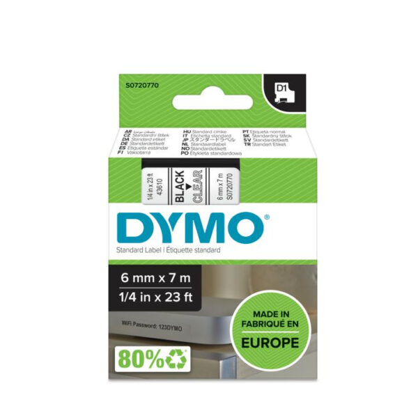 DYMO D1 -Standard Labels - Black on Transparent - 6mm x 7m - Afbeelding 2