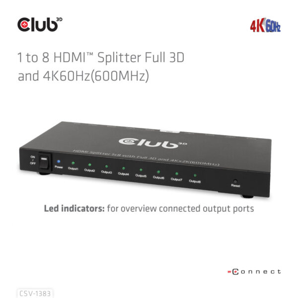 CLUB3D 8-poorts HDMI™ splitter 1 to 8 Full 3D and 4K60Hz(600MHz) - Afbeelding 15