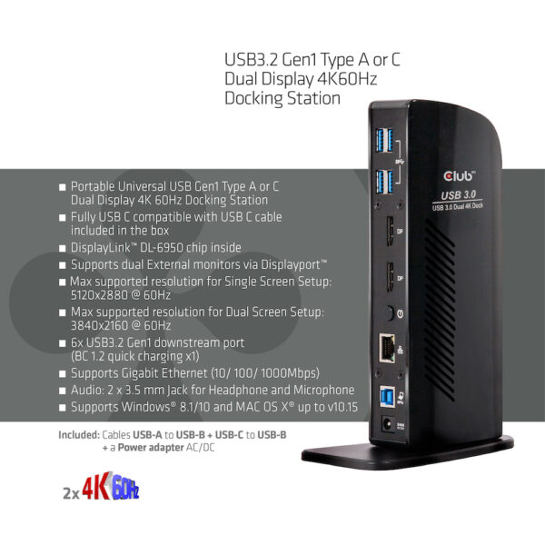 CLUB3D UNIVERSEEL Docking station USB3.2 Type A of C 2x Displayport 4K60Hz DisplayLink® gecertificeerd - Afbeelding 3
