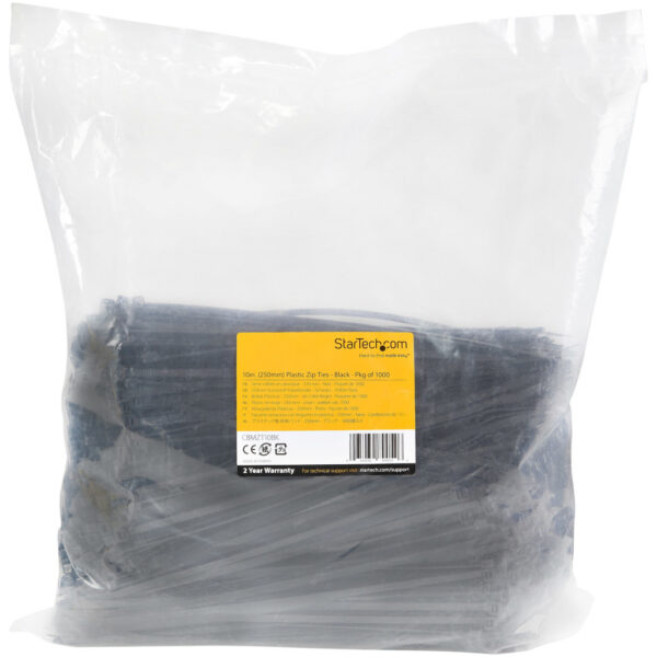 StarTech.com 25 cm Zwarte Kabelbinders 4 mm Breed, 68 mm Bundeldiameter, 22 kg Treksterkte Zelfsluitende Snelbinders uit Nylon m - Afbeelding 2