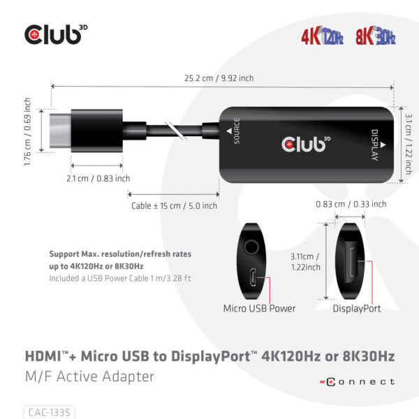 CLUB3D HDMI + Micro USB to DisplayPort™ 4K120Hz or 8K30Hz M/F Active Adapter - Afbeelding 11