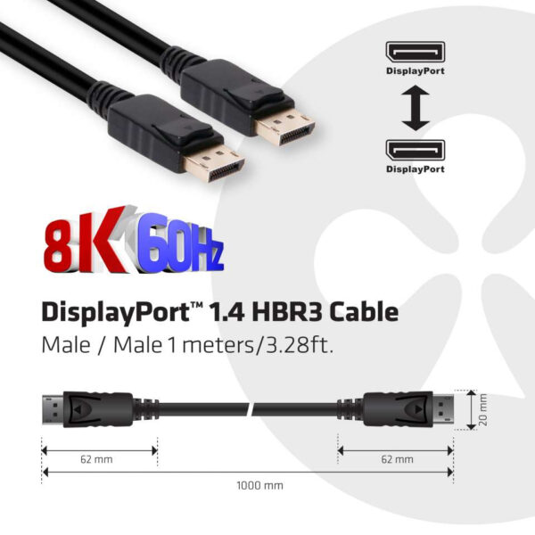 CLUB3D DisplayPort 1.4 HBR3 Cable 1meter Male/Male 8K60Hz - Afbeelding 3