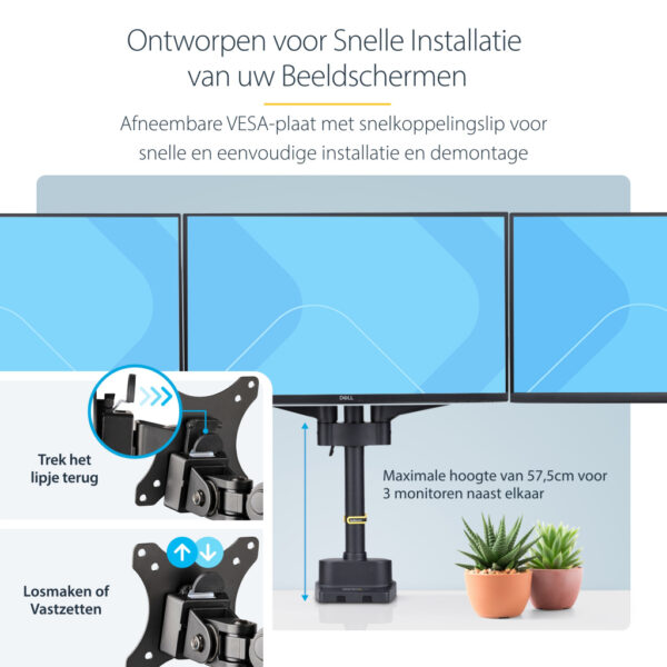StarTech.com Triple Monitor Arm voor Bureau, Tot Drie 27inch Schermen, VESA 75x75/100x100, Instelling zonder Gereedschap, C-klem - Afbeelding 18