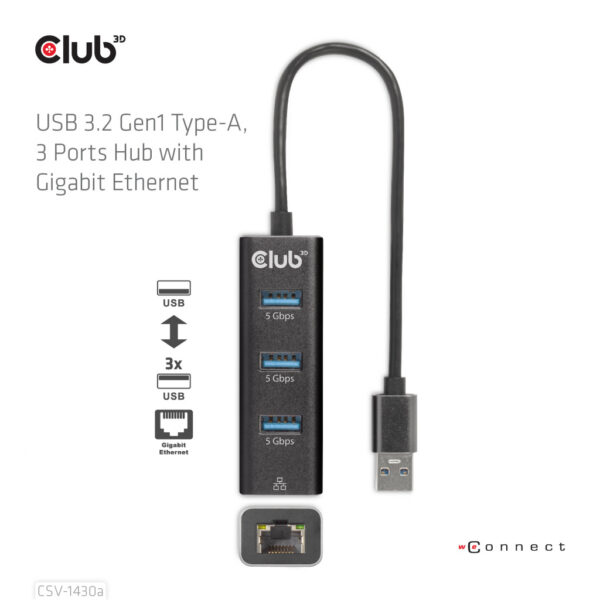 CLUB3D USB 3.2 Gen1 Type-A, 3 Ports Hub with Gigabit Ethernet - Afbeelding 8