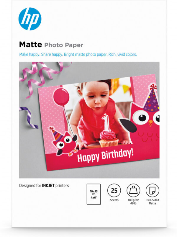 HP mat fotopapier, 180 g/m2, 10 x 15 cm (101 x 152 mm), 25 vellen