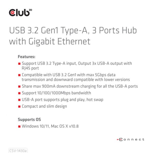 CLUB3D USB 3.2 Gen1 Type-A, 3 Ports Hub with Gigabit Ethernet - Afbeelding 9