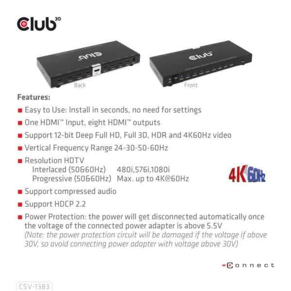 CLUB3D 8-poorts HDMI™ splitter 1 to 8 Full 3D and 4K60Hz(600MHz) - Afbeelding 12