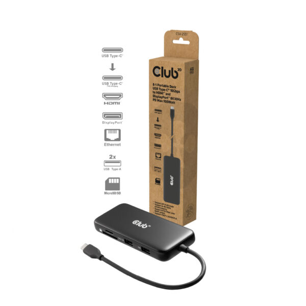 CLUB3D 8-1 Portable Dock USB Type-C® 10Gbps to HDMI™ and DisplayPort™ 8K30Hz PD Max.100Watt - Afbeelding 2