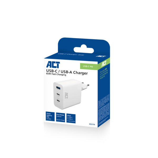 ACT USB-C/USB-A lader 65W 3-poorts met Power Delivery PPS, QuickCharge en GanFast - Afbeelding 2