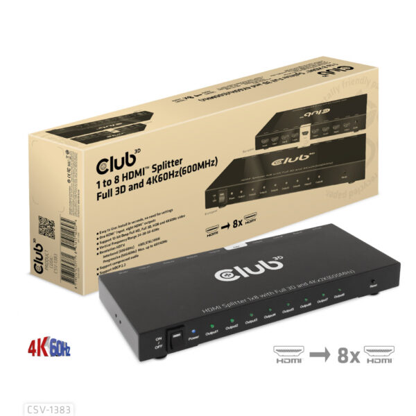 CLUB3D 8-poorts HDMI™ splitter 1 to 8 Full 3D and 4K60Hz(600MHz) - Afbeelding 3