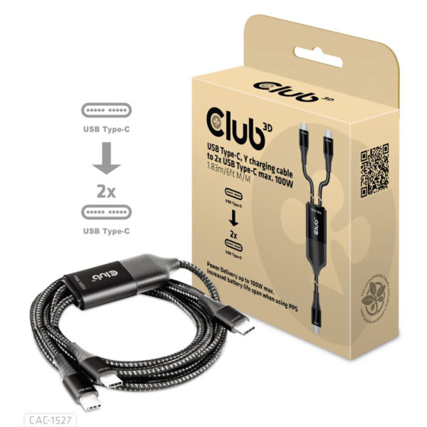 CLUB3D USB Type-C, Y charging kabel ( PPS ) to 2x USB Type-C max. 100W, 1.83m/6ft M/M - Afbeelding 2