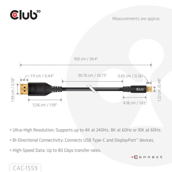 CLUB3D USB Type-C Cable to DP 2.1 Bi-Directional VESA DP80 Certified Cable M/M 1m/3.28ft - Afbeelding 3