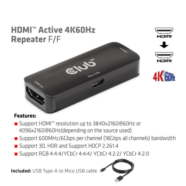 CLUB3D HDMI Active 4K60Hz Repeater F/F - Afbeelding 3