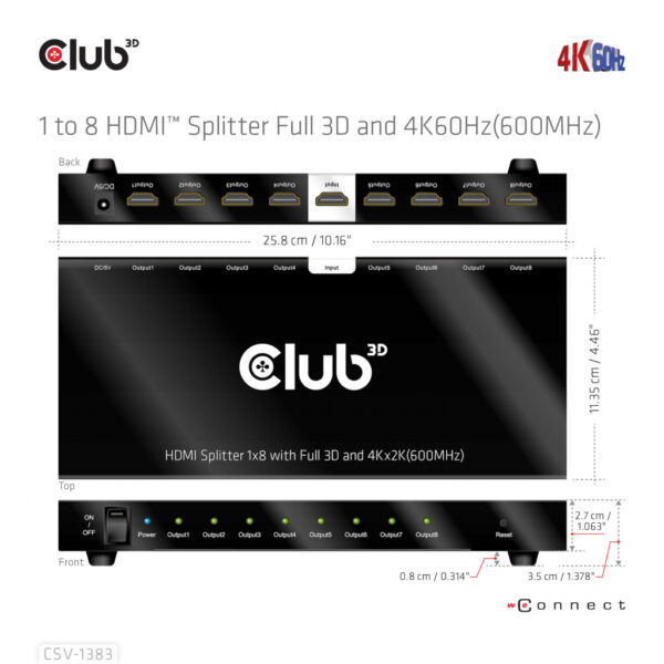 CLUB3D 8-poorts HDMI™ splitter 1 to 8 Full 3D and 4K60Hz(600MHz) - Afbeelding 10