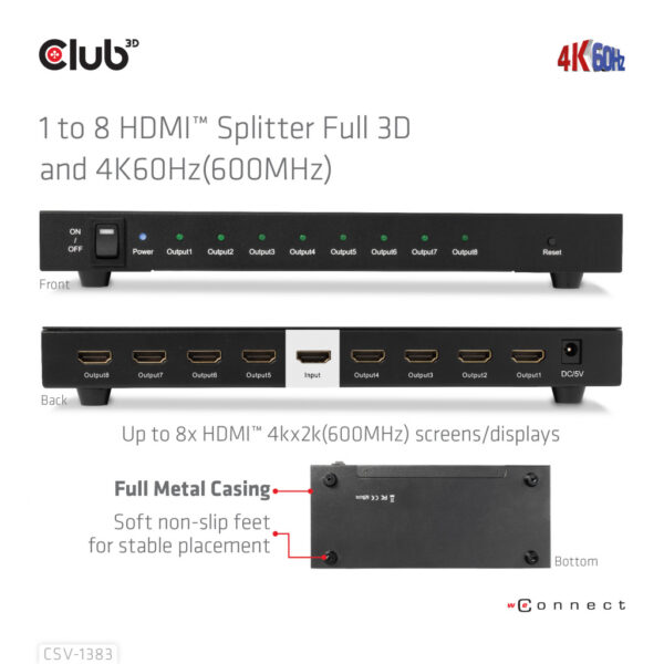 CLUB3D 8-poorts HDMI™ splitter 1 to 8 Full 3D and 4K60Hz(600MHz) - Afbeelding 9