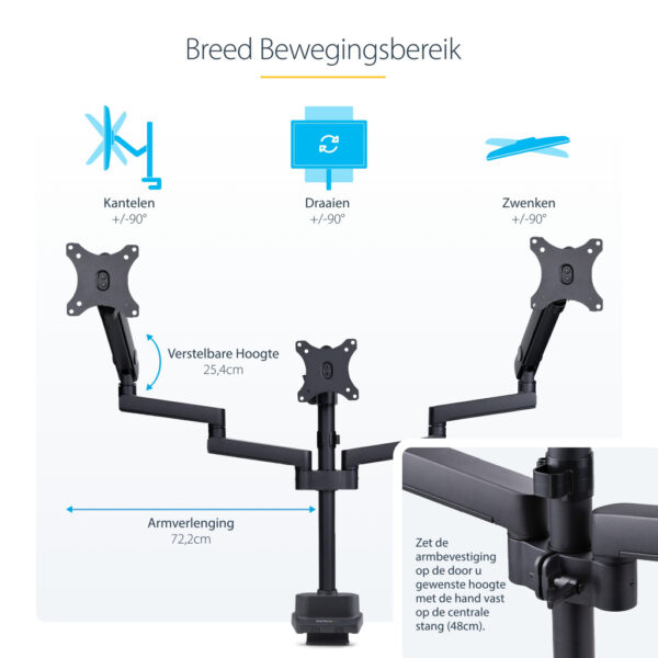 StarTech.com Triple Monitor Arm voor Bureau, Tot Drie 27inch Schermen, VESA 75x75/100x100, Instelling zonder Gereedschap, C-klem - Afbeelding 17