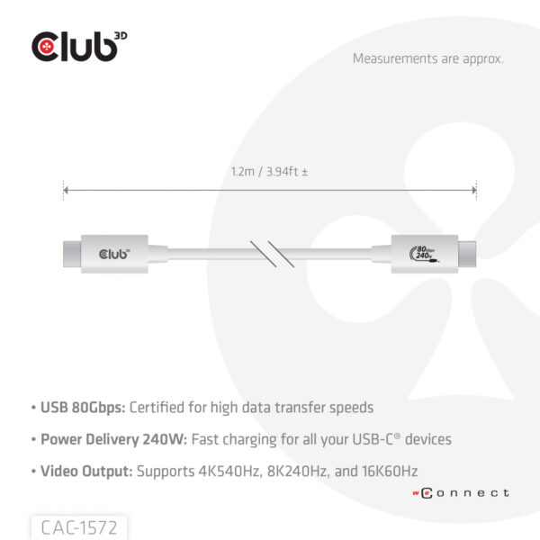 CLUB3D USB 80Gbps Certified 240W 8K240Hz Type-C® 1.2m / 3.94ft White Cable - Afbeelding 3