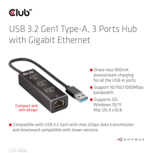 CLUB3D USB 3.2 Gen1 Type-A, 3 Ports Hub with Gigabit Ethernet - Afbeelding 5