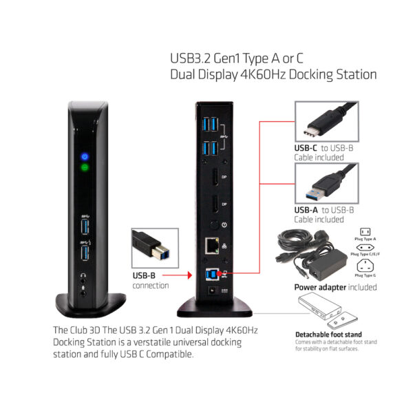 CLUB3D UNIVERSEEL Docking station USB3.2 Type A of C 2x Displayport 4K60Hz DisplayLink® gecertificeerd - Afbeelding 5