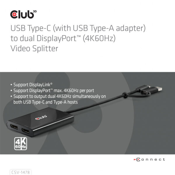 CLUB3D USB Type-C (with USB Type-A adapter) to dual DisplayPort™(4K60Hz) Video Splitter - Afbeelding 2