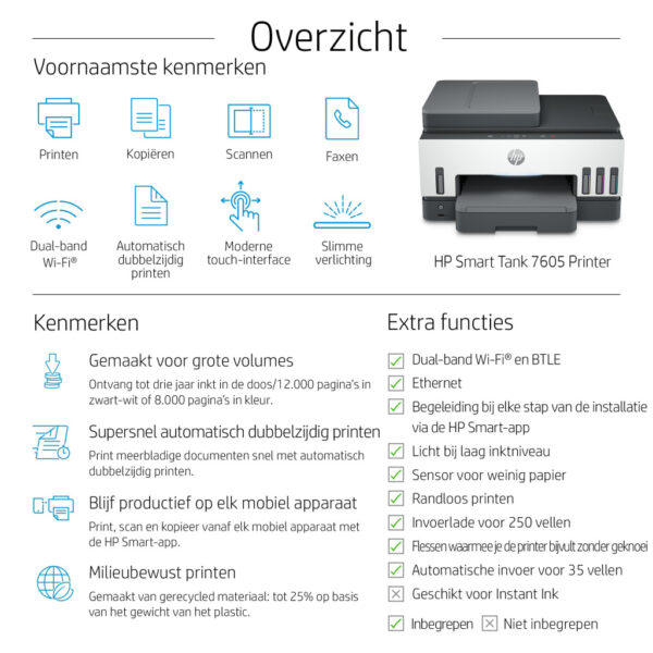 HP Smart Tank 7605 Draadloos All-in-One Kleur Printer, Dubbelzijdig printen; Kopieerapparaat, Scanner - Afbeelding 9