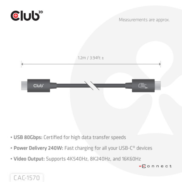 CLUB3D USB 80Gbps Certified 240W 8K240Hz Type-C® 1.2m / 3.94ft Black Cable - Afbeelding 2
