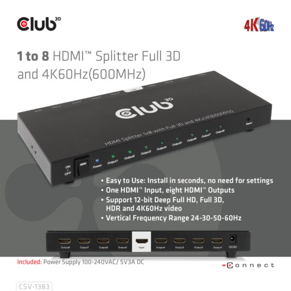 CLUB3D 8-poorts HDMI™ splitter 1 to 8 Full 3D and 4K60Hz(600MHz) - Afbeelding 8