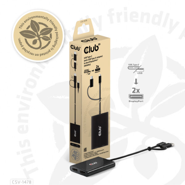 CLUB3D USB Type-C (with USB Type-A adapter) to dual DisplayPort™(4K60Hz) Video Splitter - Afbeelding 8