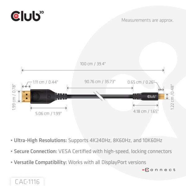 CLUB3D Mini DisplayPort™ to DisplayPort™ Bi-Directional VESA DP80 Certified Cable M/M 1m/3.28ft - Afbeelding 3