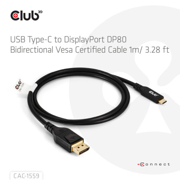 CLUB3D USB Type-C Cable to DP 2.1 Bi-Directional VESA DP80 Certified Cable M/M 1m/3.28ft - Afbeelding 2