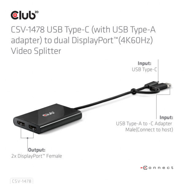 CLUB3D USB Type-C (with USB Type-A adapter) to dual DisplayPort™(4K60Hz) Video Splitter - Afbeelding 4