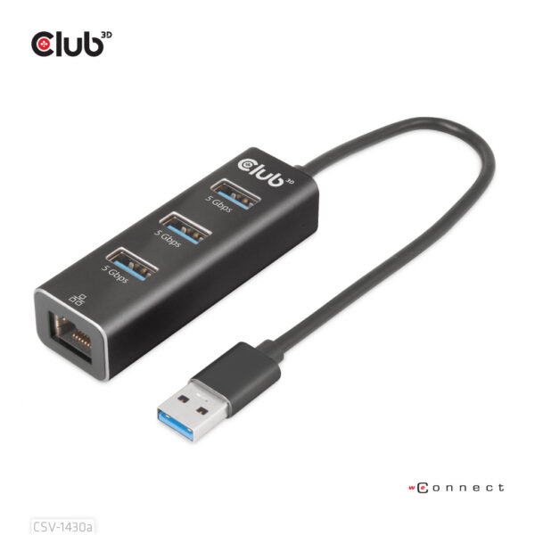 CLUB3D USB 3.2 Gen1 Type-A, 3 Ports Hub with Gigabit Ethernet - Afbeelding 2