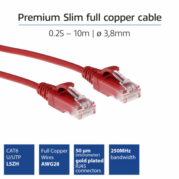 ACT Rode 0.5 meter LSZH U/UTP CAT6 datacenter slimline patchkabel snagless met RJ45 connectoren - Afbeelding 2