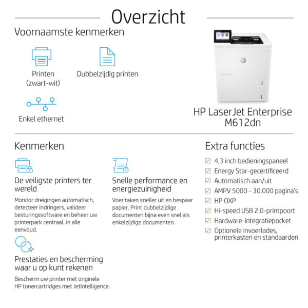 HP LaserJet Enterprise M612dn Zwart-wit Printer, Alleen Ethernet; Dubbelzijdig - Afbeelding 3