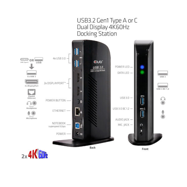 CLUB3D UNIVERSEEL Docking station USB3.2 Type A of C 2x Displayport 4K60Hz DisplayLink® gecertificeerd - Afbeelding 4
