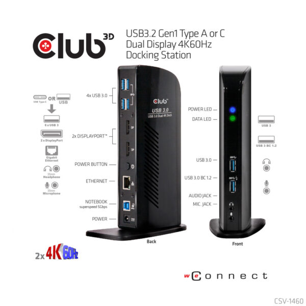 CLUB3D UNIVERSEEL Docking station USB3.2 Type A of C 2x Displayport 4K60Hz DisplayLink® gecertificeerd - Afbeelding 10